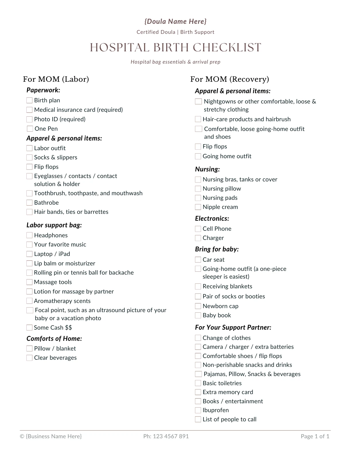 Hospital Birth Packing Checklist Preview