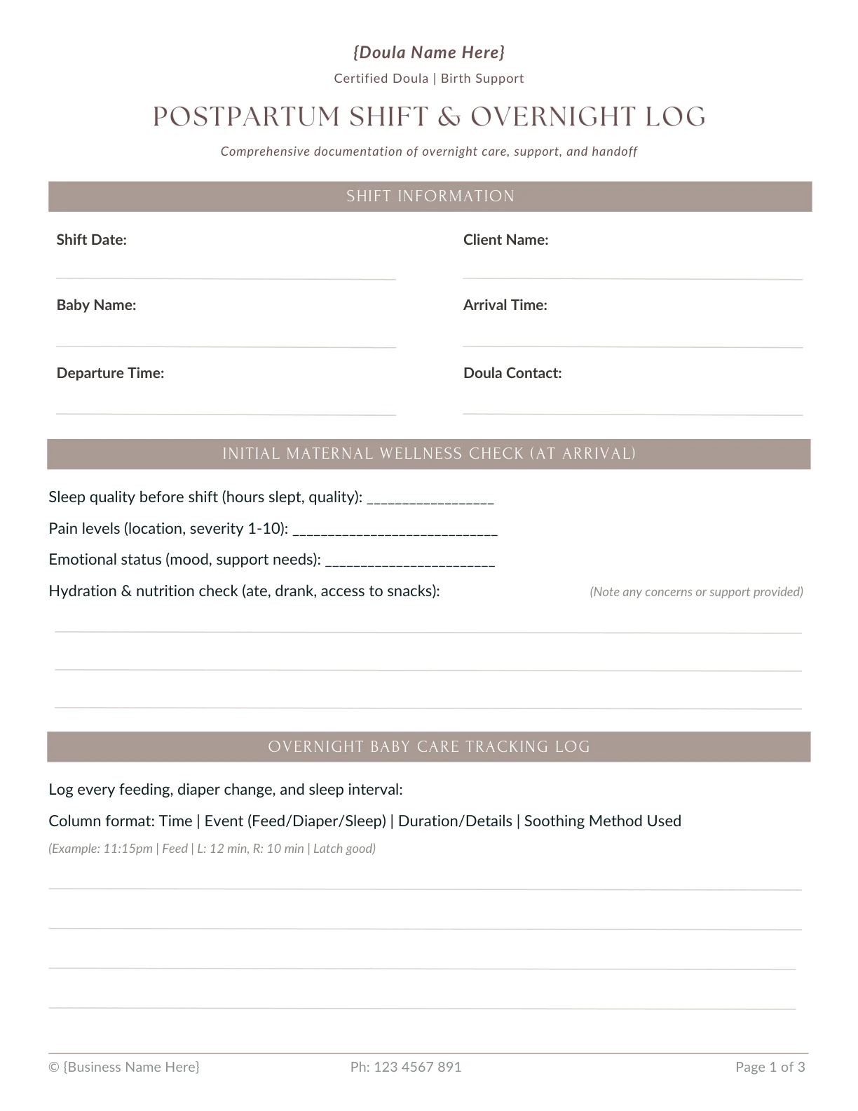 Postpartum Shift and Overnight Log Preview